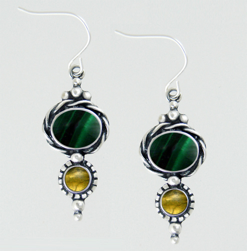 Sterling Silver Drop Dangle Earrings With Malachite And Citrine